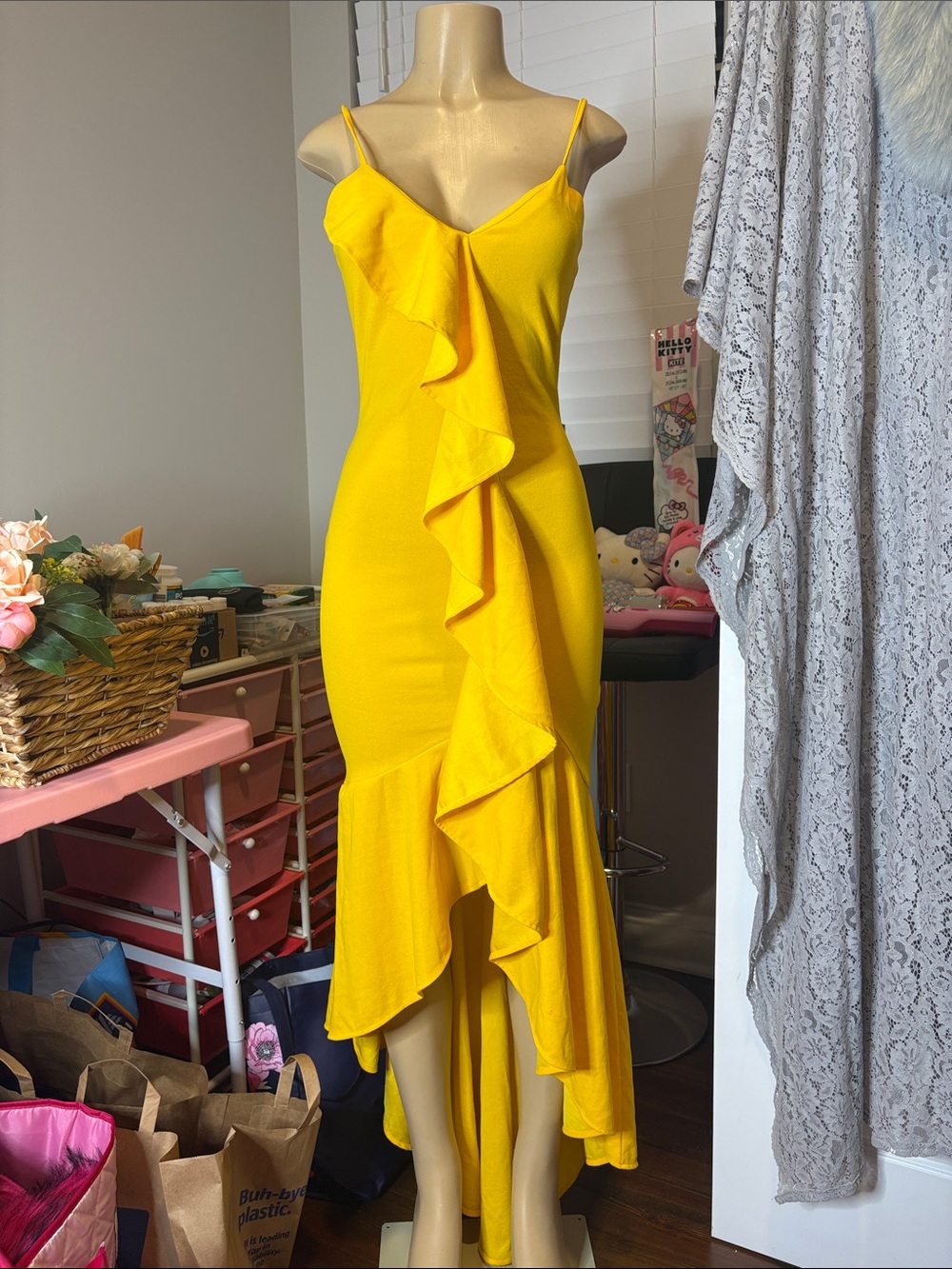 CBR Canary Yellow Ruffle High-Low Slip Dress